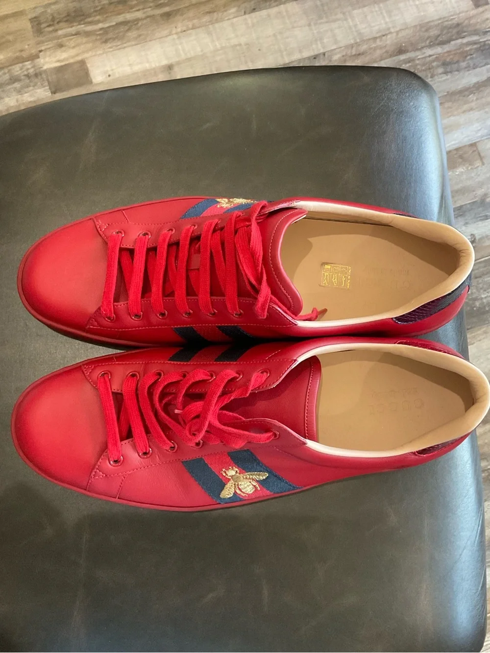 Men's Gucci Red Leather Low-Top Sneakers with Black Stripe